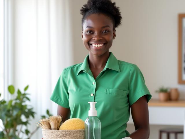 A smiling female cleaning professional from Forest Fresh, wearing a green apron and holding eco-friendly cleaning supplies.