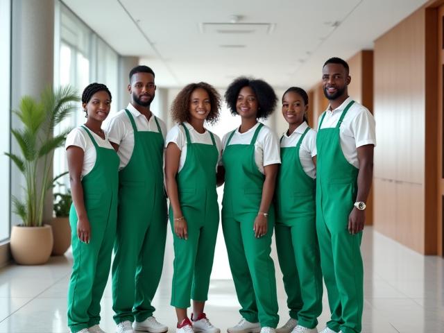 A diverse team of five Forest Fresh cleaning professionals standing together, smiling, and wearing cohesive green and white uniforms.